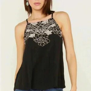 Eyeshadow Black Flowy Floral Embroidered Cream Tanks Top Keyhole Back Size L